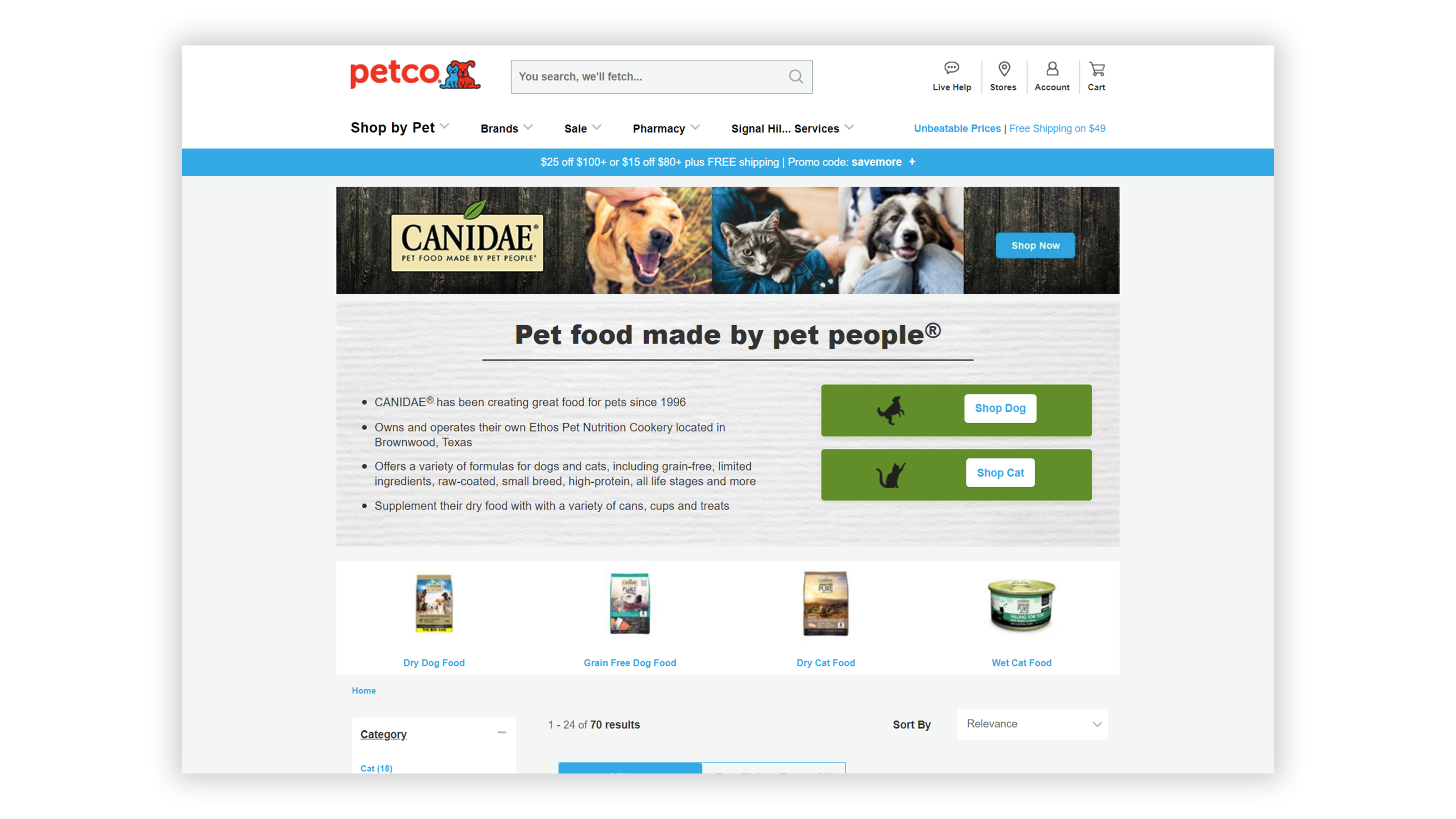 CANIDAE brand page on Petco desktop site