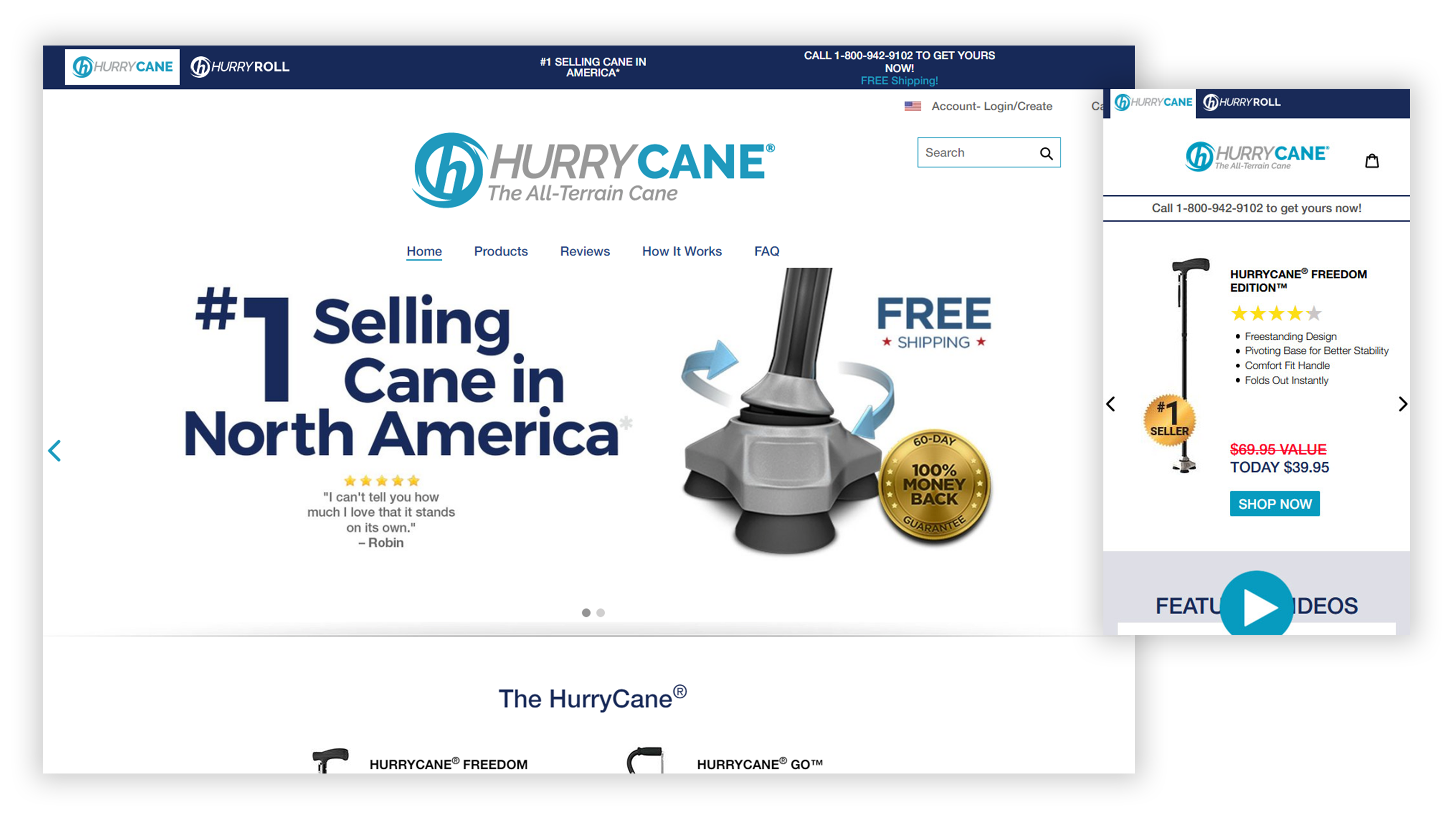 HurryCane home page on desktop and mobile