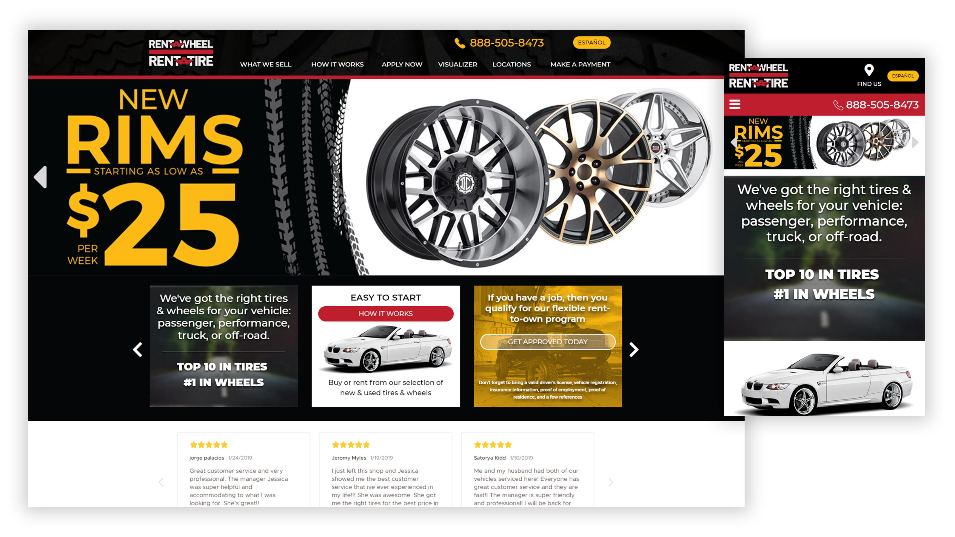 Rent A Wheel website on desktop and mobile
